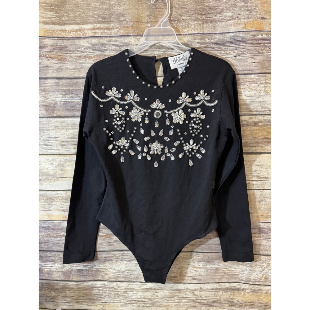 Bob Mackie Black Embellished Bodice Bodysuit Pearl Crystal Long Sleeve Size 12